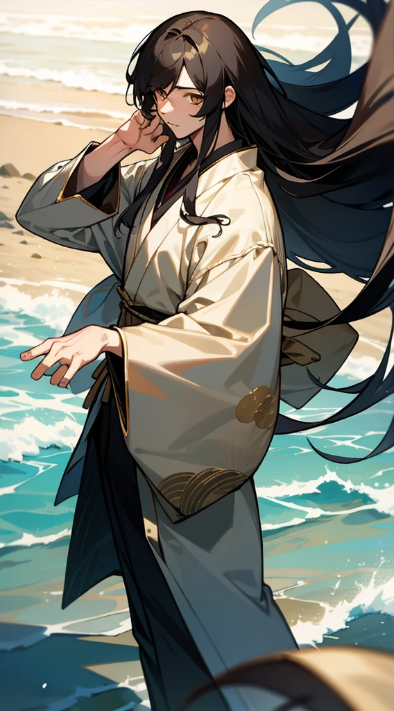 22-year old Japanese male black long hair and gold eyes at the beach