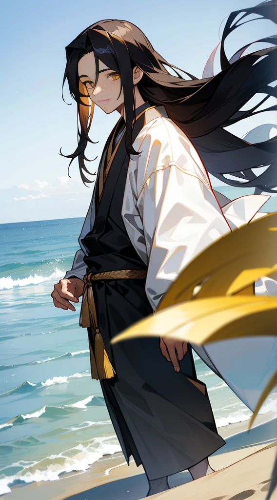 22-year old Japanese male black long hair and gold eyes at the beach
