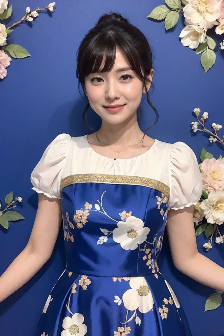 Medium display, Medium Shot, Written boundary depth, bust, Upper Body, Movie angle, masterpiece, Highest quality, Very detailed, CG, 8k wallpaper, Beautiful Face, Delicate eyes, Otome, alone, smile, bangs, skirt, shirt, have, Cobalt blue dress with gold trim, Laugh mischievously、Floral Background