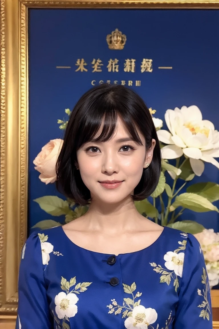 Medium display, Medium Shot, Written boundary depth, bust, Upper Body, Movie angle, masterpiece, Highest quality, Very detailed, CG, 8k wallpaper, Beautiful Face, Delicate eyes, Otome, alone, smile, bangs, skirt, shirt, have, Cobalt blue dress with gold trim, Laugh mischievously、Floral Background