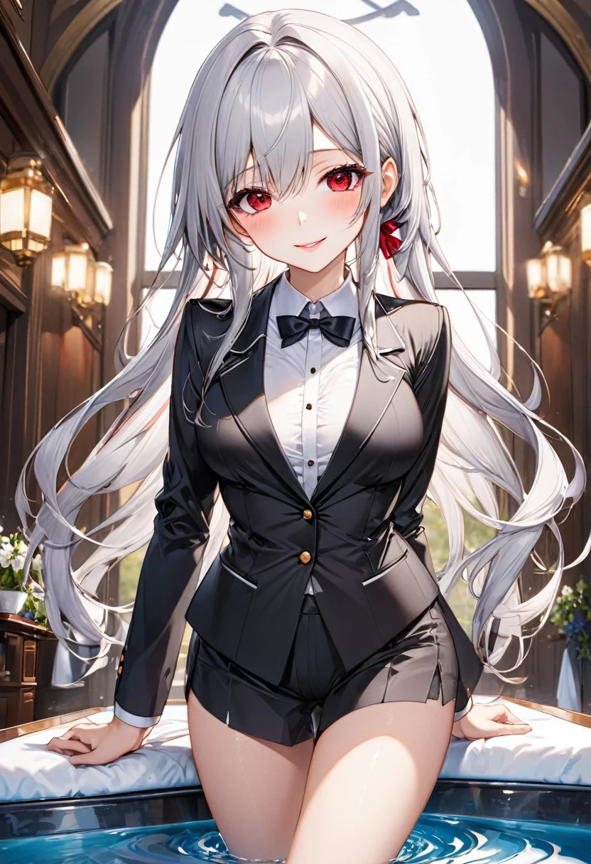 (full body, pov style), (solo:2, 16 yo, hime-cut silver hair long hair cool beauty girl, sexy red eyes, smile, medium:1.2 tits, glossy lip), (in a butler suit, Black slacks), break, in the Swimsuit contest venue, BREAK, perfect anatomy, masterpiece, best quality, 16k, beautiful detailed love, sexy, daydreaming expression.