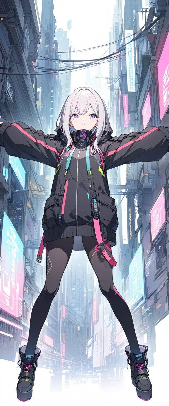 a cyberpunk type girl looking straight ahead with her arms spread full body
