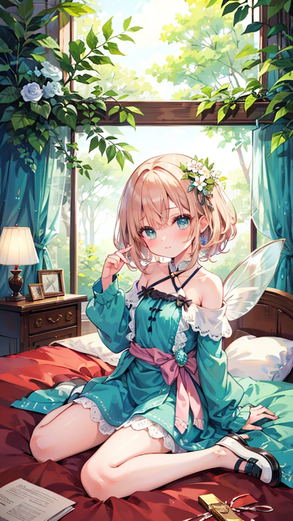 (masterpiece, best quality:1.3), 1 girl, 独奏, teenager,(top quality eyes:1.3),18 year old girl、bed、My Room、Normal size breasts、wariza、Pastel color fairy style。The mint green tunic dress is made of light chiffon material.、Lace detailing on sleeves and hem。There is a delicate wing accessory on the shoulder.、A flower garland belt is worn around the waist.。Flat shoes are also in pastel colors.、The base is decorated with small flowers.。In the background is a fantastic forest landscape.。