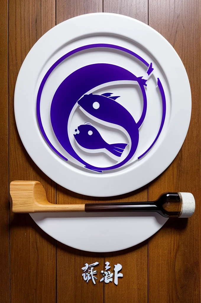 "design concept:Izakaya logo element 1 using double optical illusion: Silhouette element of a liquor bottle in the center: Arrangement element 3 so that the shape of a fish can be seen within the silhouette of the sake bottle: 4 Elements Surrounded by a Circular Frame: Color: Purple and White Element 5: Simple and visually clear design"