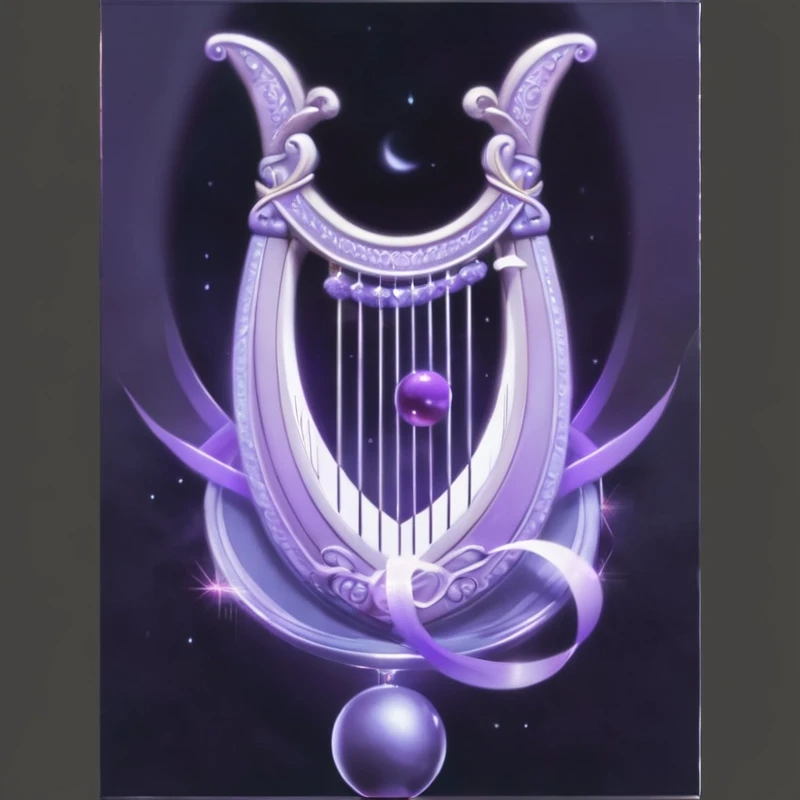 a close up of a harp with a purple ball in the middle, I&#39;m going, Qatar, seraphine ahri Qatar, ethereal essence, Astral Ether, Concept Art Magic Highlights, (Fantasy Violin), playing harp in magical forest, Mysterious art style, purple ancient antler deity, harp, in mysterious style, Fantasy Violin
