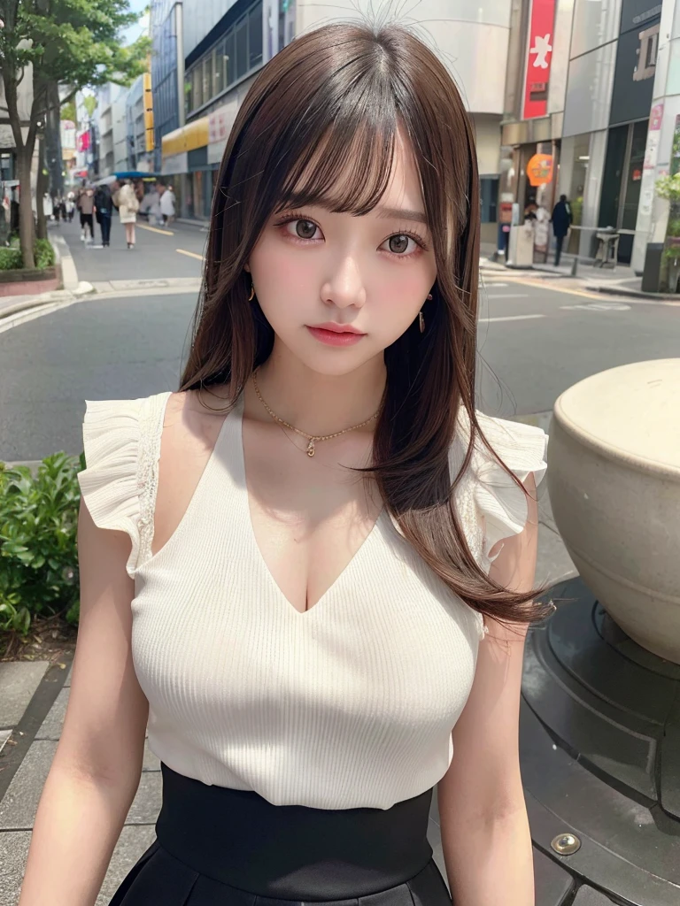 (8k, RAW photo, top quality, masterpiece: 1.2), (realistic, photorealistic: 1.37), three-dimensional, ultra detail, ultra high resolution, beautiful detailed face, one girl, beholder, constriction, beautiful detailed skin, skin texture, floating hair, professional lighting, (Japanese beautiful and cute girl:1.2), long hair, bob cut, beautiful hair, 20 years old, slim waist, big breasts, look at viewer, in the town, (embarassing:1.1), bracelet, earing, necklace, (blouse, pleated skirt, skirt lift),
