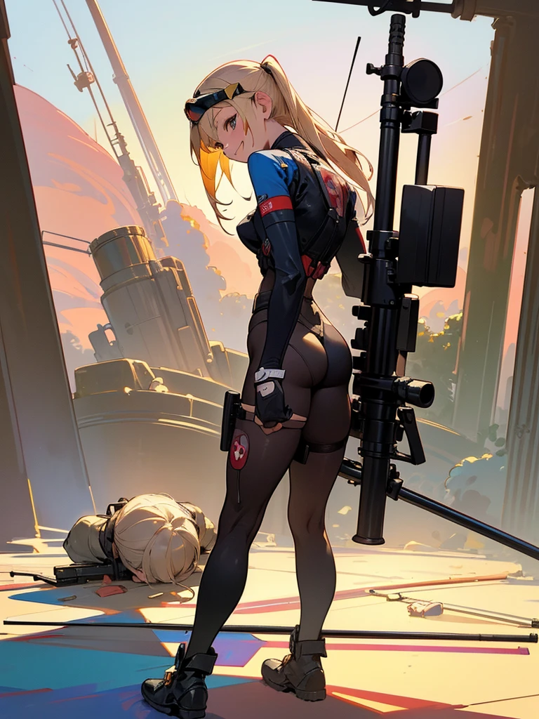 1 japanese girl, blonde hair, perfect figure, rebel, half shot, from behind, arched back pose, sexy, (wide smile:1.3), (sniper rifle:1.4), looking through the scope, army helmet with goggles, ink illustration, western animation style by (Todd McFarlane:1.3), hard lines, add (fine detail:1.3) to the scene, pay attention to the (framing:1.2), create (rich:1.3) in detail atmospheric background to compliment the overall theme of the composition and bring it to life, to create an (epic:1.2) (masterpiece:1.4), (vibrant colors:1.4), perfect the (highlights:1.2) and (shadows:1.2), (digital ink:1.3), pay special attention to the hands, ensuring they are drawn accurately and with realistic proportions,