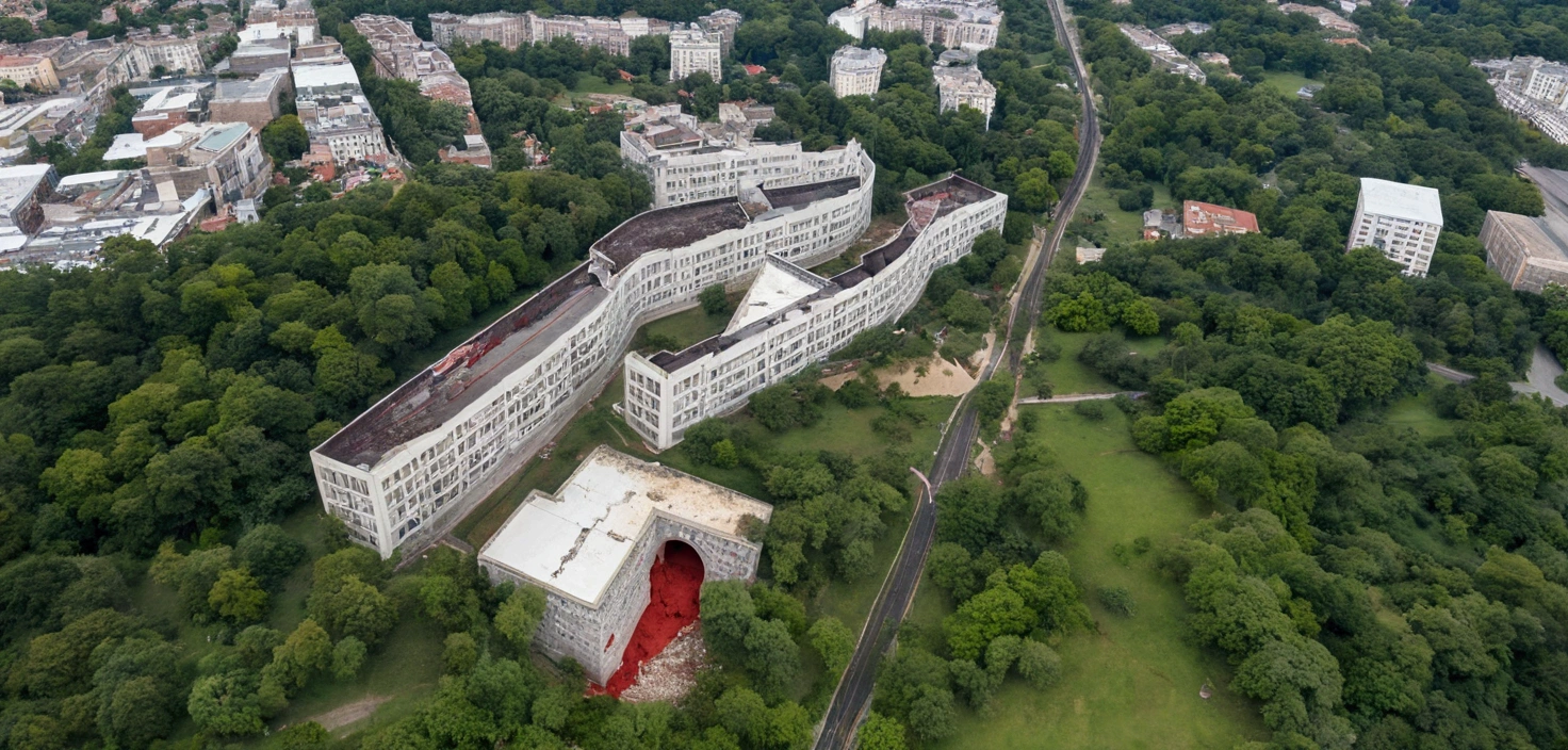 a red portal expanding into the ground like a crack, passing through the building breaking it with the crack make the crack thin 