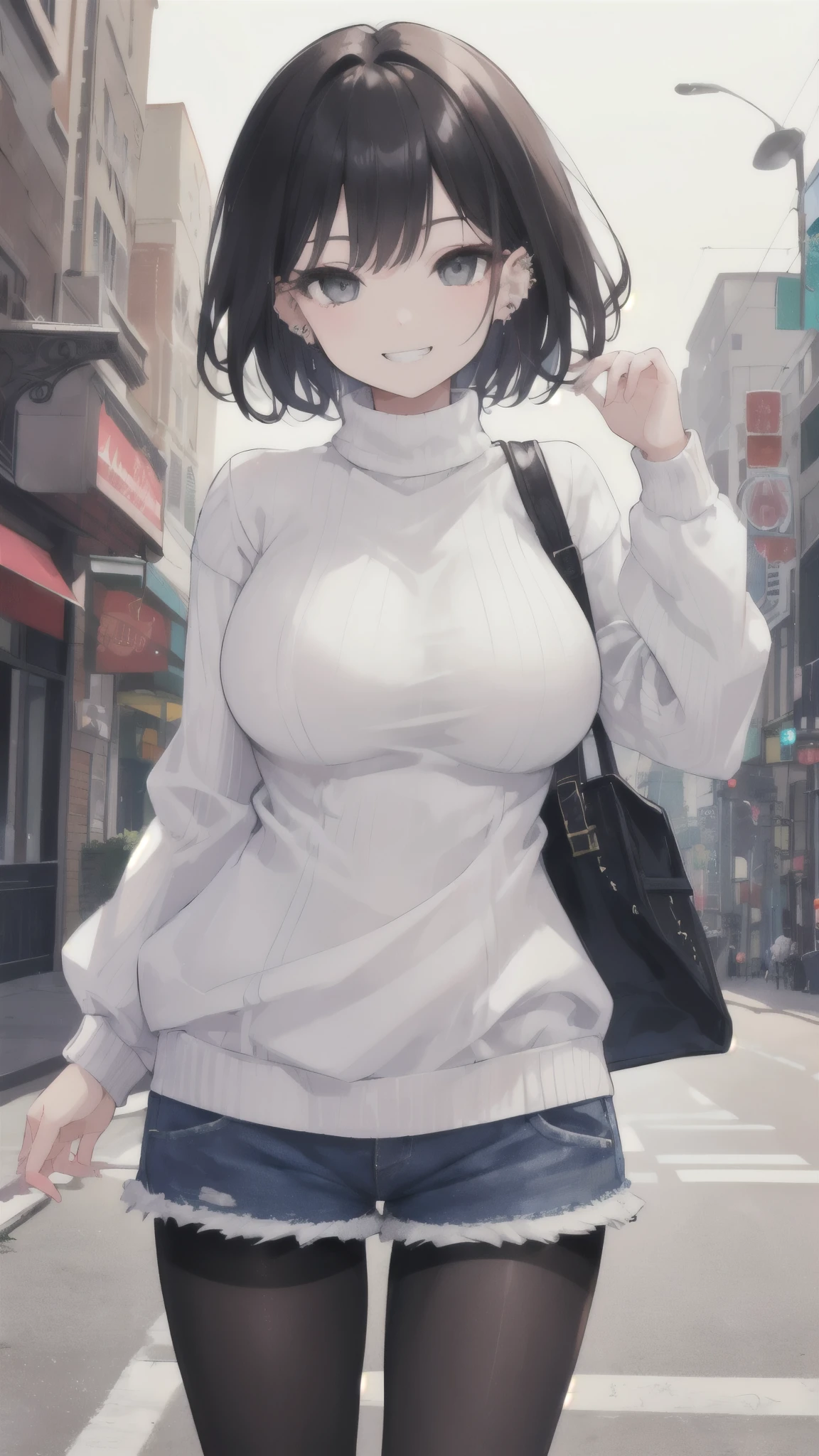 (masterpiece、Highest quality、Very detailed))、One girl、Black Hair、short hair、Grey Eyes、evil smile、((Grin))、((lots of piercing))、Large 、((White sweater))、((denim short shorts))、((black pantyhoCowboy Shot、Downtown background