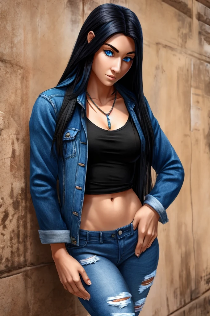 Long black hair blue eyes and her hand ripped jean jacket and a ripped jeans and a necklace what says native