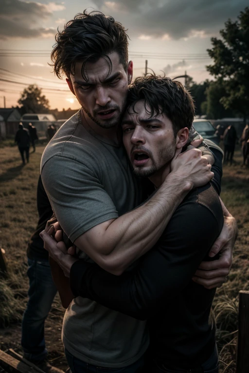 Three men hugging each other in fear and terror and an angry mob approaching to attack them in a gloomy rural village. Surreal art,HD,Mystery,highly detailed