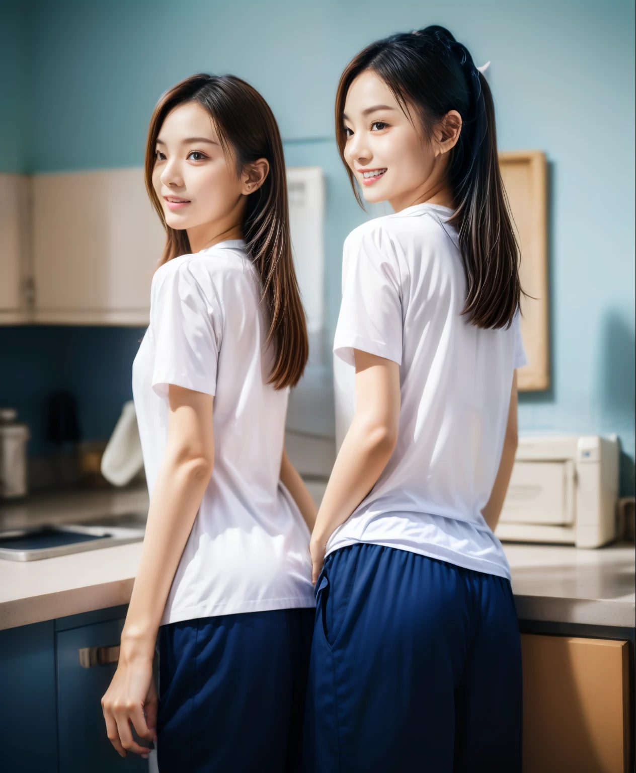 (best quality,10,10,height,Masterpiece:1.2),Special details,(realistic,ภาพrealistic,Realistic photos:1.37),1 Cute girl in the kitchen,shiny, ผิวshiny,only,smile softly,BDclothelue shirt:1.3)),short sleeve,shirt, กางเกงขาlong.,(navy_long_track pants:1.1), ((Kitchen Background)),Dynamic angle,excited,Face focus,dynamic poses,from behind,focus on ass,Masterpiece, best quality, ultra realistic, hyper detail, 8k resolution, raw photos, Sharp focus, ((Navy blue shirt:1.1)), short sleeve, เส้นทางlong, perfect body, 2 mature women, 18 years old, Cinema-grade lighting system,blue sweatpants,shirtผ้าออกกำลังกาย,correct anatomy,perfect body, correct body, Sharp face, correct bodyทางกายวิภาค, full body, realistic gestures, long-haired, realistic poses,Wear long shorts...........................,ช่วงขาlong,Good shape,carved girl, Slender figure, model, Good shape, beautiful body,blue sweatpants, two girls kissing