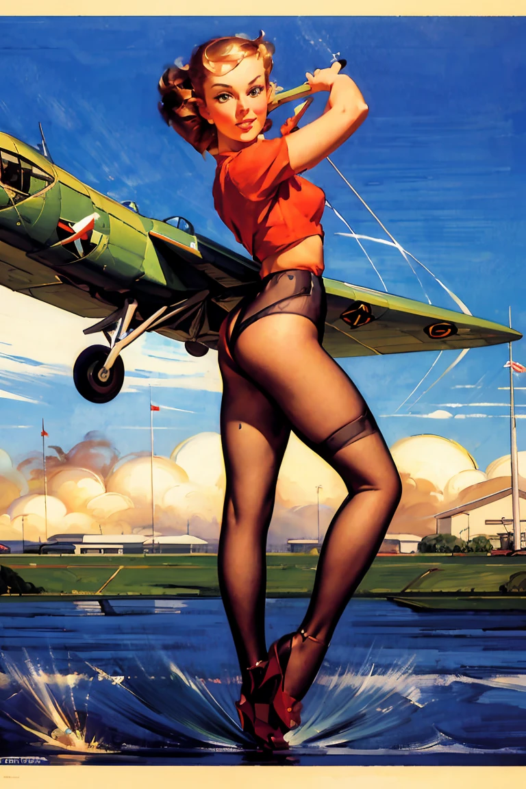 An exquisite masterpiece by the artist Arwen., capturing captivating Photography from the 1940s/1950s. A seductive pin-up adorns the fuselage of a World War II fighter plane, Its ethereal beauty contrasts with the grim realities of war. She strikes a seductive pose, his elegant form accentuated by his tight suit. This illustration is part of an Air Force war photo shoot., highlighting the role of the charming airplane painter elf in the bomber. Set against the iconic backdrop of Pearl Harbor, Hawai, the image combines elements of Photography, posters and 3d rendering, creating an impressive, cinematographic effect., poster, Photography, 3d rendering, cinematographic.