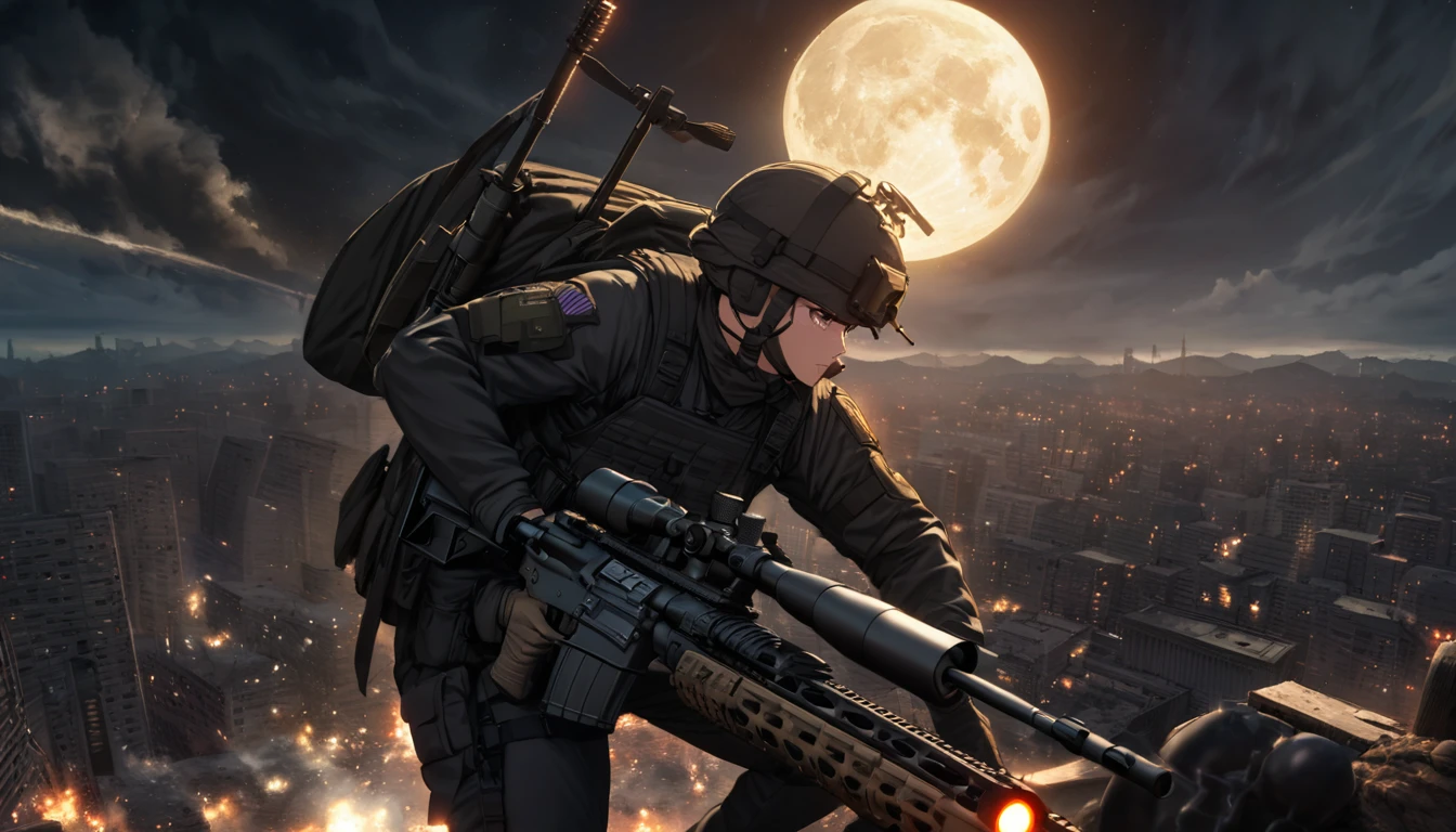 Highest quality, Highest quality, 16K, Unbelievably absurd, Very detailed, delicate and dynamic, Natural light, The particles reflect light, Diffuse reflection of light, Vortex of Light, war zone, bombs blusting around, dark outfield, ruined big city, roof top of ruined building, moon night, milky way, illumination, Create amazing image effects, Upper body close-up, (sole sexy girl, big Firm bust, , powerful, A professional sniper,, shooting a target with M16 auto rifle, swat uniform,)

