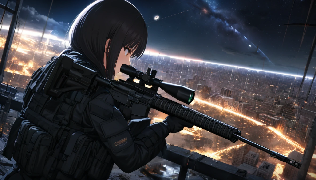 Highest quality, Highest quality, 16K, Unbelievably absurd, Very detailed, delicate and dynamic, Natural light, The particles reflect light, Diffuse reflection of light, Vortex of Light, war zone, bombs blusting around, dark outfield, ruined big city, roof top of ruined building, moon night, milky way, illumination, Create amazing image effects, Upper body close-up, (sole sexy girl, big Firm bust, , powerful, A professional sniper,, shooting a target with M16 auto rifle, swat uniform,)
