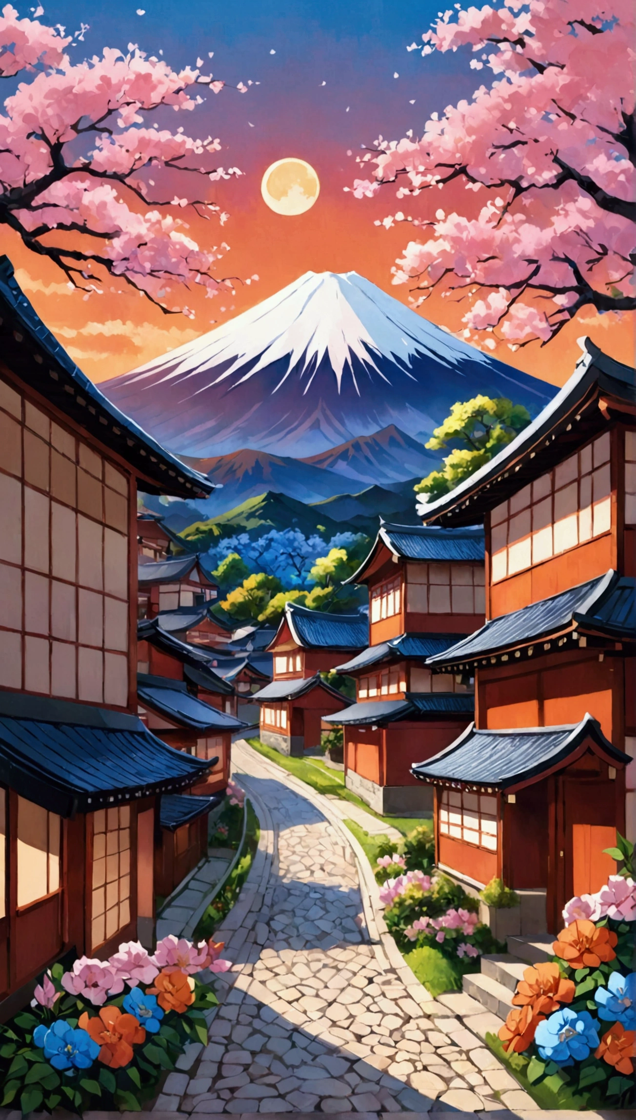 Vibrant, stylized digital painting depicting a serene village scene with a prominent view of a snow-capped mountain in the background, likely inspired by Mount Fuji. The sky is filled with dramatic, colorful clouds in shades of pink, orange, and blue, with a crescent moon visible. The village features traditional Japanese-style houses with sloping roofs, surrounded by lush greenery and blooming flowers. A winding road with a pedestrian crossing and a few cars leads through the village, adding a sense of depth and perspective. The overall composition is rich in color and detail, creating a picturesque and tranquil atmosphere.