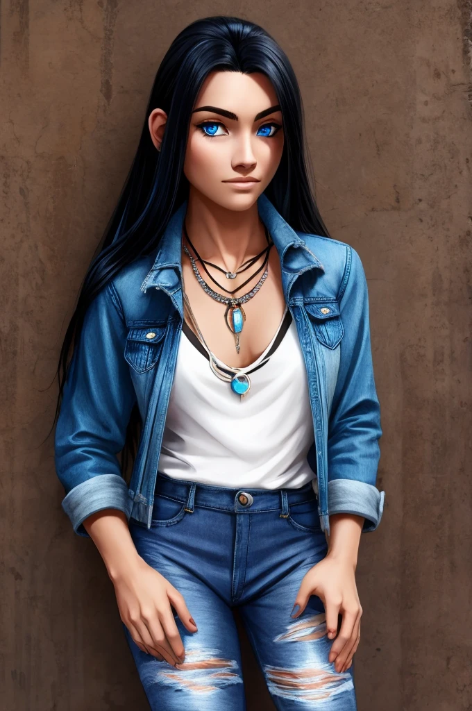 Long black hair blue eyes  and her hand ripped jean jacket and a ripped jeans and a necklace what says native
