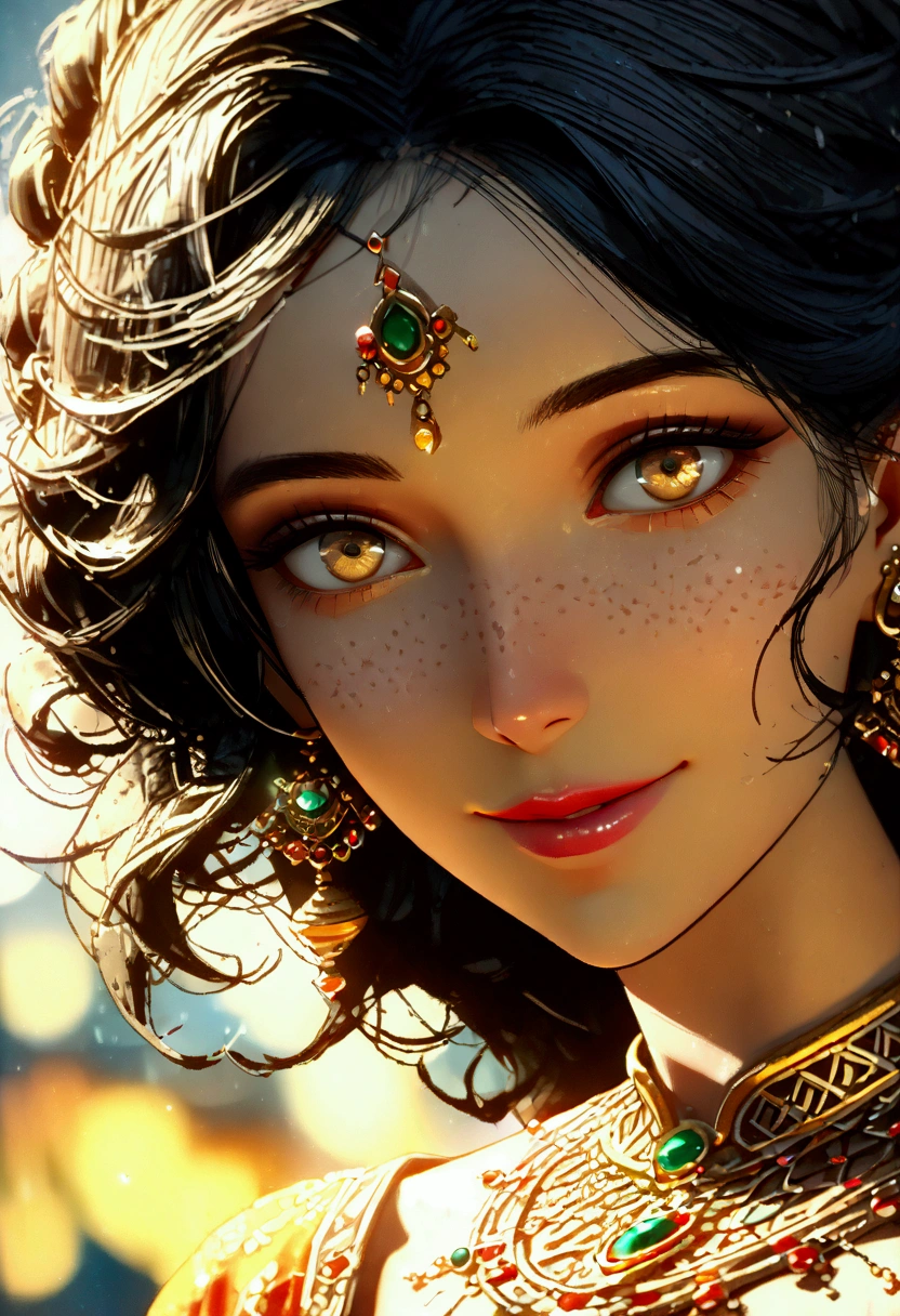 Extreme close up of face, an indian woman, black curly hair, smiling , bright eyes, indian makeup, extremely detailed face, tilted illustration, indian jewellery, bridal jewellery, indian look, very beautiful, extremely beautiful, golden ratio, uhd, hyper detailed, niji (((niji art))), unreal Engine, (((extreme close up))) ((close up face)))