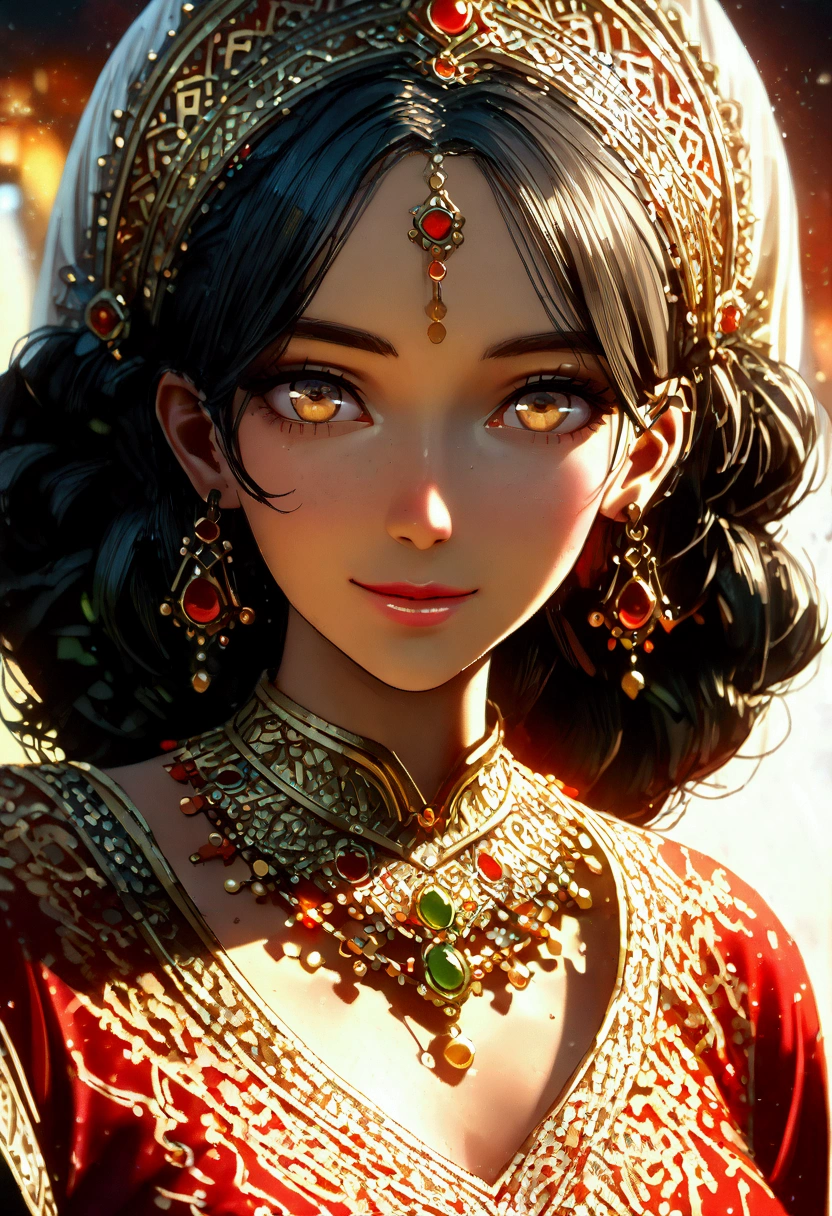Extreme close up of face, an indian woman, black curly hair, smiling , bright eyes, indian makeup, extremely detailed face, tilted illustration, indian jewellery, bridal jewellery, indian look, very beautiful, extremely beautiful, golden ratio, uhd, hyper detailed, niji (((niji art))), unreal Engine, (((extreme close up))) ((close up face))) 
