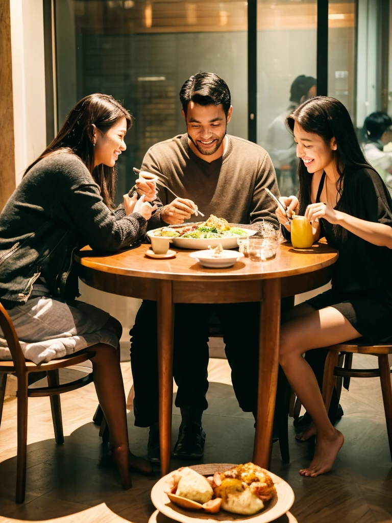 Family, 3 people enjoying a meal together, an empty chair. Asia, realistic hand, face