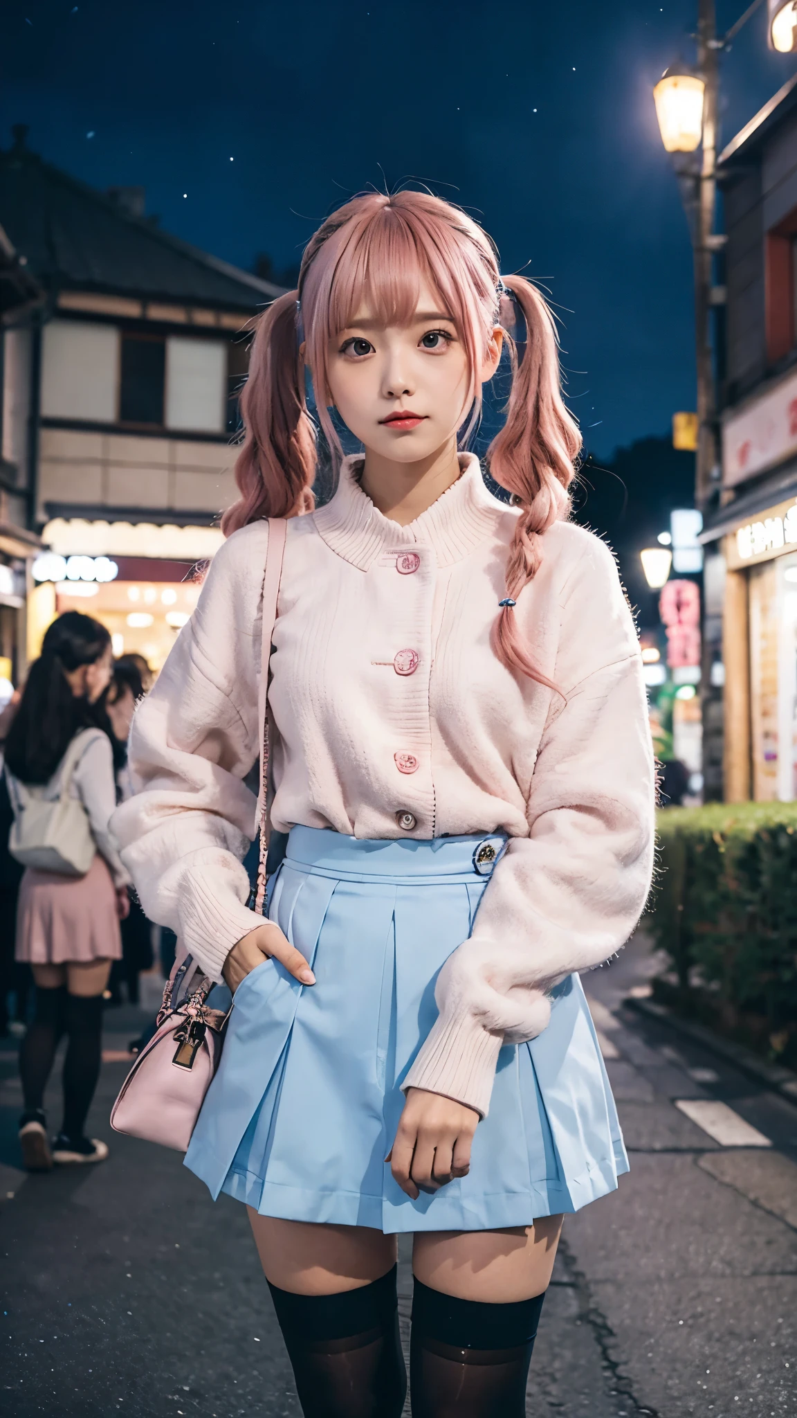 KokoaAisu, 1girl, blue skirt, blurry, blurry background, blurry foreground, day, depth of field, photo background, thighhighs, town, tree, zettai ryouiki, short twintails, pink hair, tokyo \(city\), japan, shop, night, night sky,
masterpiece, best quality, digital art, intricate detail,
