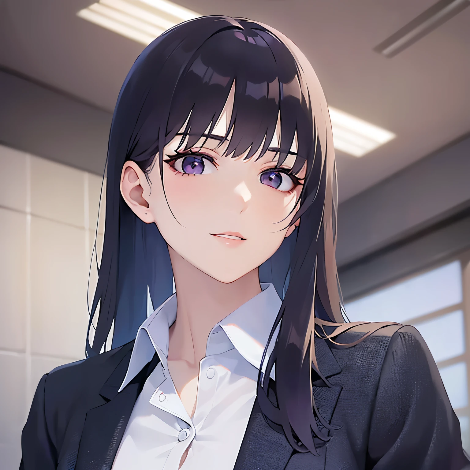 looking up, Upper Body, Realistic, real person, (pale skin: 1.2), RAW photo, photorealistic, shiny skin, shiny hair、(A 25-year-old woman with straight hair and bangs) and (medium hair) and (black hair) and (purple eyes) , (business suit:1.5) and (white collared shirt)、smile, The background is the conference room、Alone、Are standing