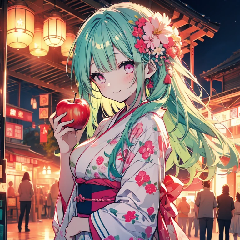 1 girl、mature、Ample breasts、Long Hair、Mint green hair、Pink Eyes、yukata、Holding apple candy、night、firework、fair、smile、High resolution、Highest quality