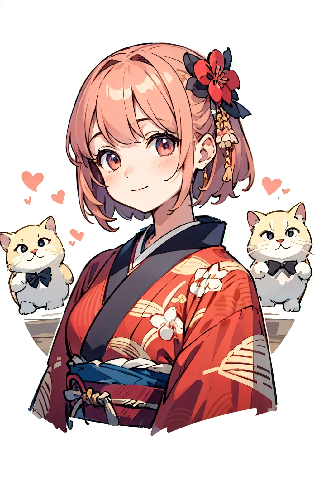 (Beautiful and best quality illustrations:1.2), (Kawaii girl:1.0), (1 Girl, Solitary:1.0), (Black short hair:1.0), (Red Kimono, Toona wood pattern:1.0), (Smile:0.6), (Upper Body:1.0), (Extremely detailed, high resolution:1.0),