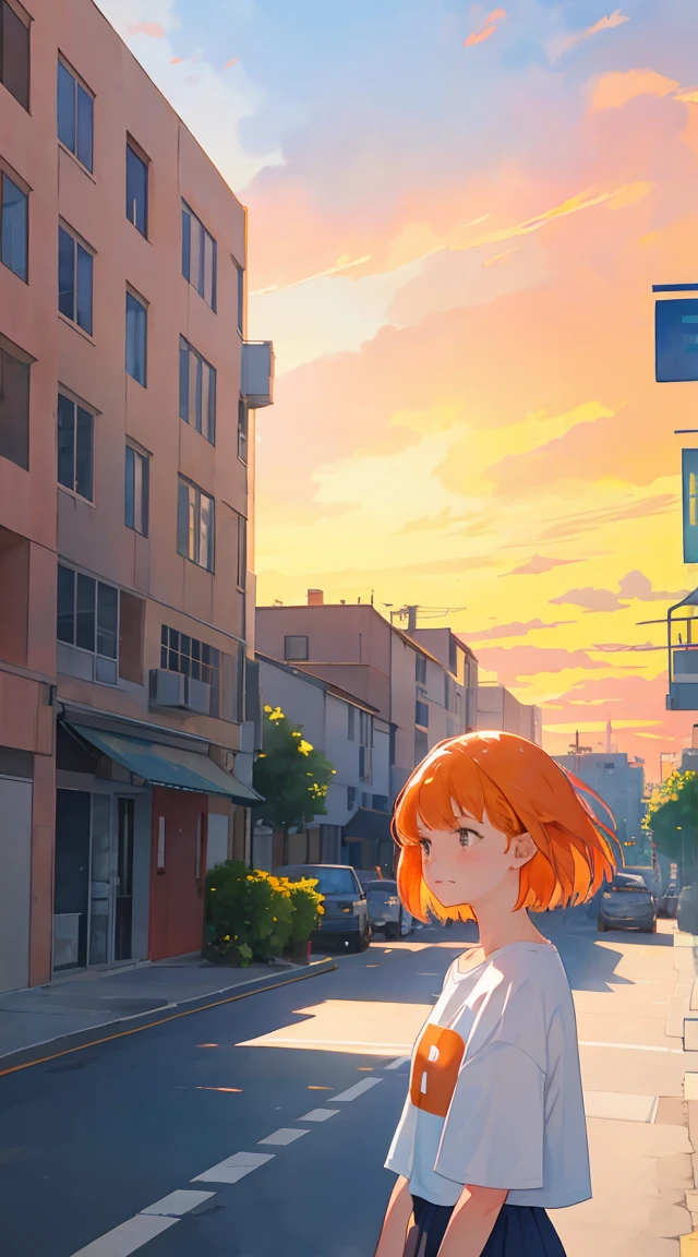 watercolor,building,Girl in the distance,Crying,sunset,setting sun,Big Sky,Orange Hair,Bob Hair,Sad expression,crouch,high resolution,White T-shirt,