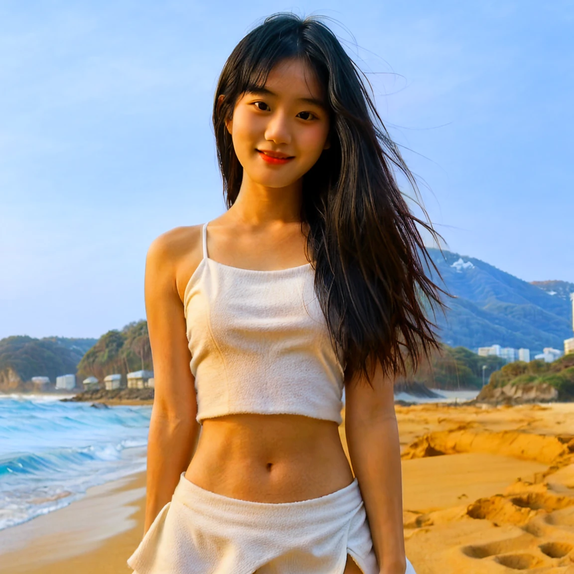 A charming 25-year-old Japanese girl, with black hair, an innocent, a fit body, wearing a white mini beach skirt and a top, in the beach, standing ((best quality)), ((masterpiece)), (detailed), perfect face, capture to thighs, slightly smiling
