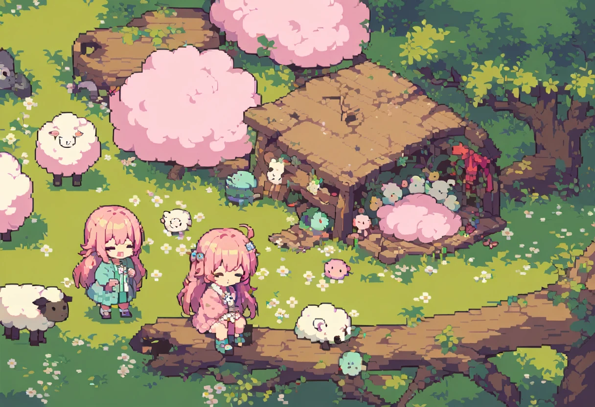 (((masterpiece, Highest quality))), 8k, ((Pixel art, Super fine, Vivid)), ((young woman)), Happy sleeping face, cute, Mouth open, cuteよだれ(((Fluffy hair:1.5, Cotton candy hair:1.8, Long Hair, sheepの毛のような髪, Mokomo Konoko hair, Pink Hair))), eyebrow, 太いeyebrow, one piece, Pink clothes, Long skirt, cardigan, 水色のcardigan, shoes, 茶色いshoes, sheepによりかかっている, Sleeping, ((もこもこのsheep, とても大きなsheepに乗っている, 正確な造形のsheep, cute顔)), grassland, sheep, 大きいsheep, sheepの群れ, score_9, score_8_up, score_7_up