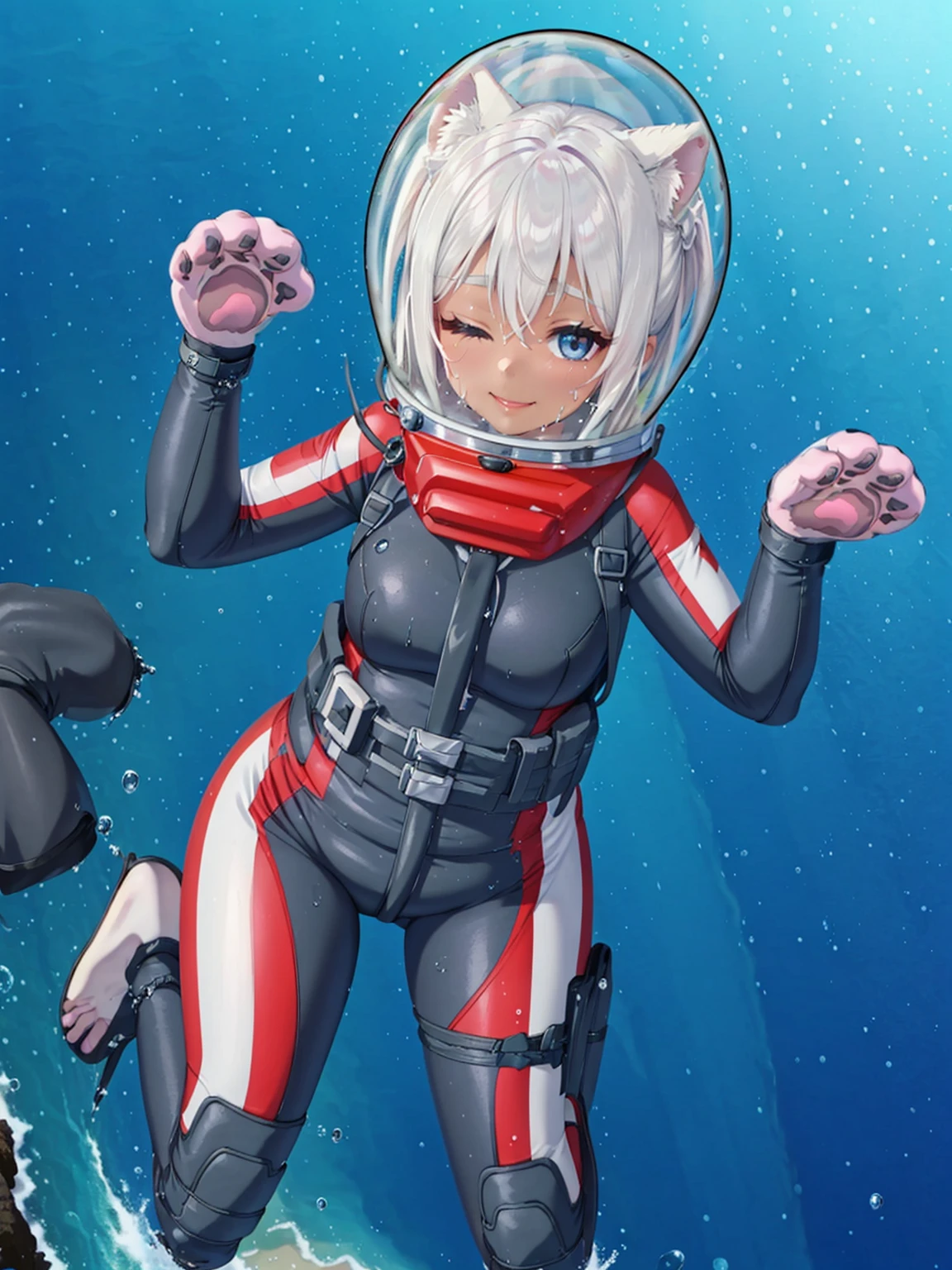 Highly detailed CG, 8k wallpaper, best quality, masterpiece, higher eyes and nose, very delicate and beautiful, beautiful, detailed,, (blue eyes: 1), (beautiful hands), (beautiful fingers) , , necklace (water:1.6), (beach:1.5), (messy hair:1.5), (leaning forward:1), looking at the viewer, (smile:1.3), (one eye closed:1.2) , (sweating), (beautiful toes), (6 years old:1.5), (1girl), (ash white hair:1.5),(middle hair:1 ), (dark skin: 1.4), (thigh circumference: 1.3) , beautiful, narrow waist, white thigh highs, narrow waist, thighs, wide hips, eyeliner, eyelashes, perfect face, detailed eyes, (dark skin : 1.5),,,(spacesuit: 1.15) , white cargo pants, astronaut )bubble helmet, space helmet, space helmet, CAT EARS, bubble helmet, eva helmet, (paw pose:1.6)