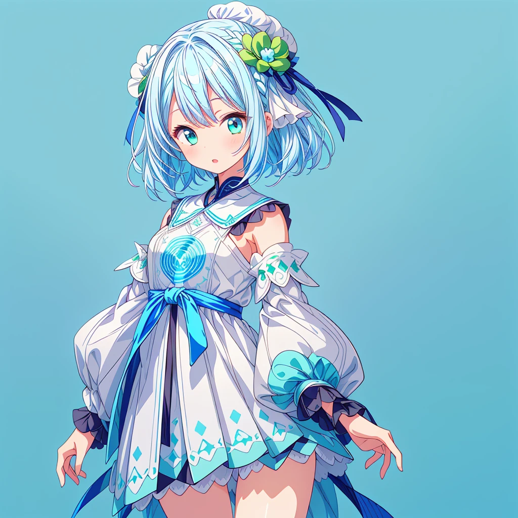 1girl、A picture facing the viewer、(((Super detailed、Highest quality、Masterpiece)))、Original cute hairstyle、Milky white and blue hair color、Simple Green Background、Character design front view、
