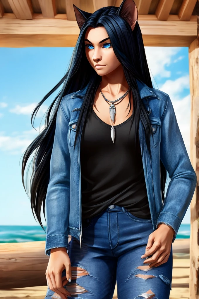 Long black hair blue eyes and her hand ripped jean jacket and a ripped jeans and a necklace what says native a black cat named Wednesday