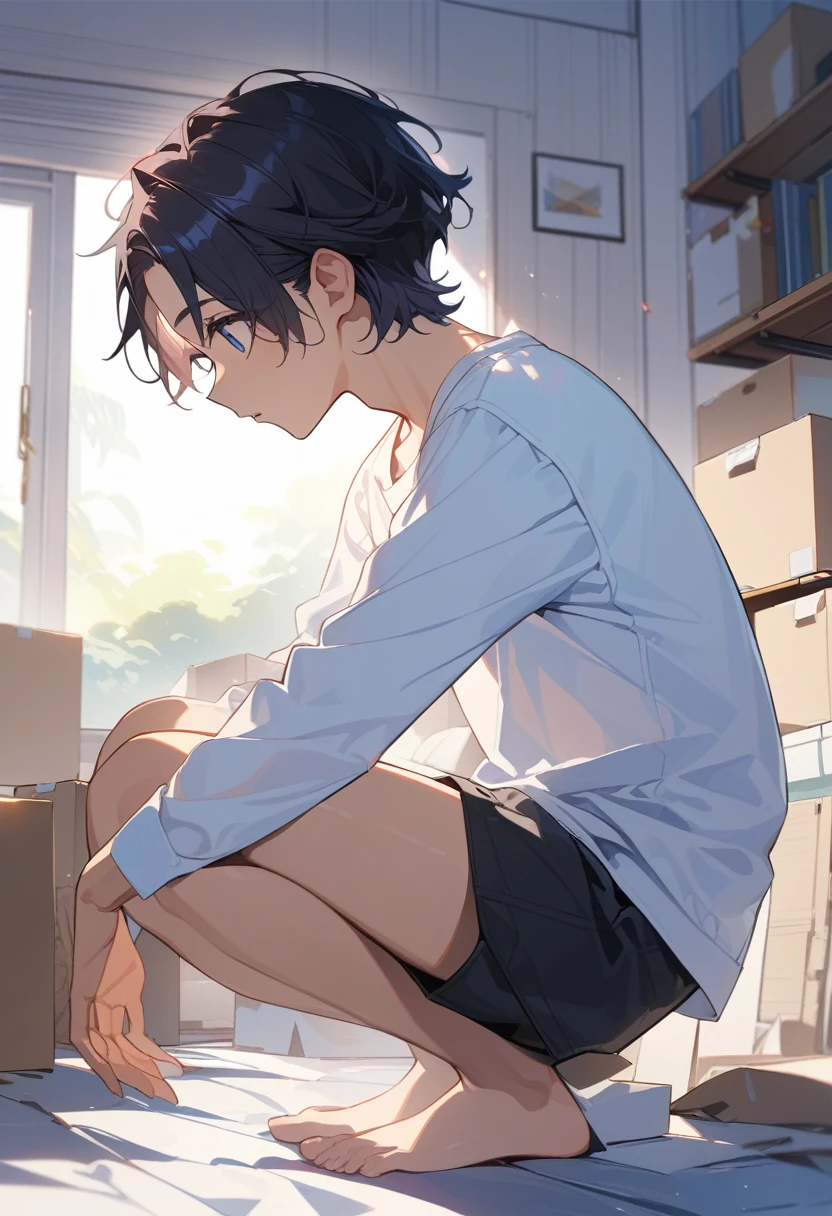 masterpiece, best quality, extremely detailed, ultra detailed, flat anime, 2D,
((1boy)),black hair, (short hair:1.5),blue eyes, height 1.7meters,  (circle eyes:1.2),  (young adult:1.2), Ear-length sideburns,
long Sleeves, White T-shirt, barefoot, 
squatting, looking away, expressionless,open mouth, portrait,from side,
summer, 12AM, livingroom,organizing the boxes., I'm looking at the material in my hand.