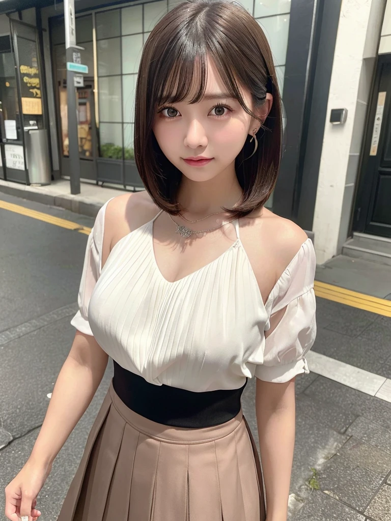 (8k, RAW photo, top quality, masterpiece: 1.2), (realistic, photorealistic: 1.37), three-dimensional, ultra detail, ultra high resolution, beautiful detailed face, one girl, beholder, constriction, beautiful detailed skin, skin texture, floating hair, professional lighting, (Japanese beautiful and cute girl:1.2), long hair, bob cut, beautiful hair, 20 years old, slim waist, big breasts, look at viewer, in the town, (embarassing:1.1), bracelet, earing, necklace, (cute blouse, pleated skirt, skirt lift), Showing a glimpse of thighs