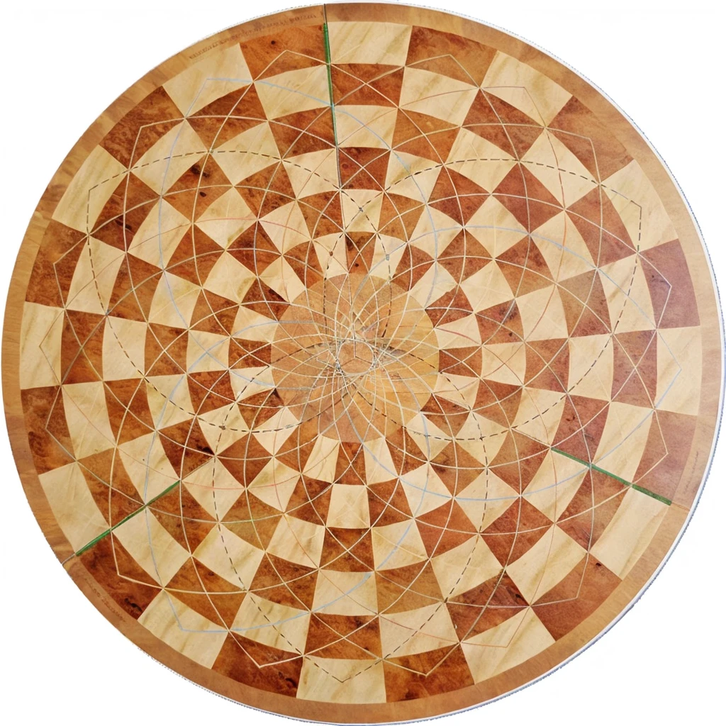 a close-up of a circular table with wooden design, the table is centered, central circular composition, radial centered design, overlaid sacred geometry, geometrical masterpiece, geometry and astrology, tabletop game board, game board, geometry, Round design, arranged in the golden ratio, proportions on a circle, inspired Direction: Buckminster Fuller, infinite non-agon, Direction: Buckminster Fuller