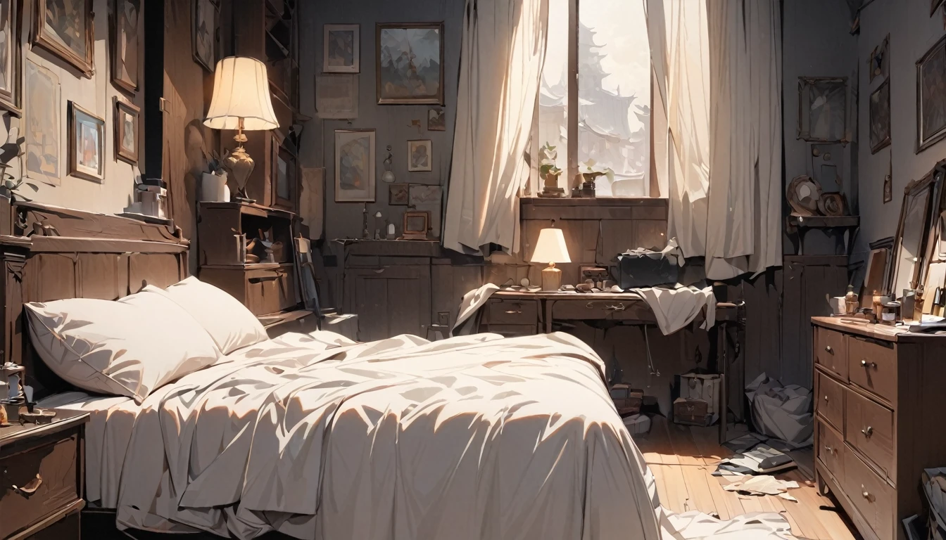 A messy and dark bedroom, there are no windows and in the background there is only a messy white bed next to a lamp that emits a little light, ((high quality)), ((masterpiece)), ((detailed)), no one