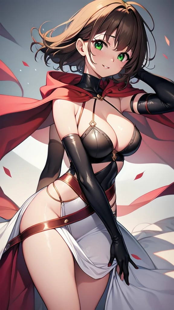 (masterpiece, best quality, ultra-detailed, best shadow), solo girl, light brown hair, green eyes, short hair, medium breasts, sexy body and face, wavy hair, smile, parted lips, red lips, circlet, skirt, bridal gauntlets, jewelry, cape, bare shoulders, sandals, sleeveless dress, red cape, long sleeves, wide sleeves, side slit, white dress, detached sleeves, turtleneck, ribbon, pink dress, fingerless gloves, cafe, sexy pose, cowboy shots, sharp focus, vibrant, creative, dynamic, high definition, high resolution, 8k, (Upscale: R-ESRGAN 4x+ Anime6mage enchance:4x), voluptuous body, cinema lightning, dakimakura style, looking at the viewer,