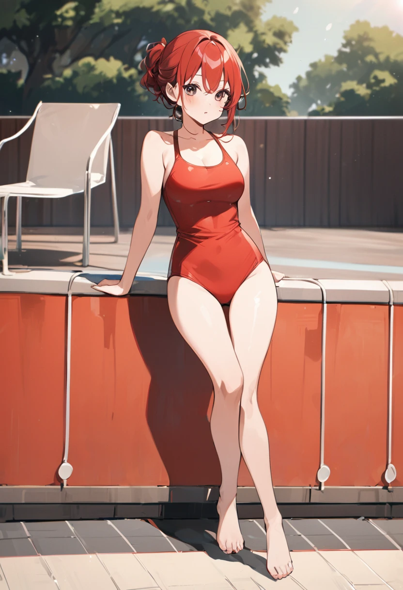 Photograph the whole body、Wear a red swimsuit、Poolside background