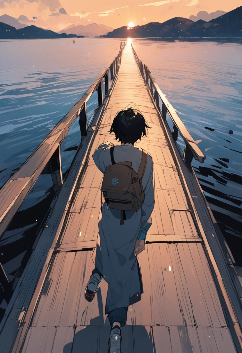A thirty-year-old man,Walking on the single-plank bridge,Turn your head and smile