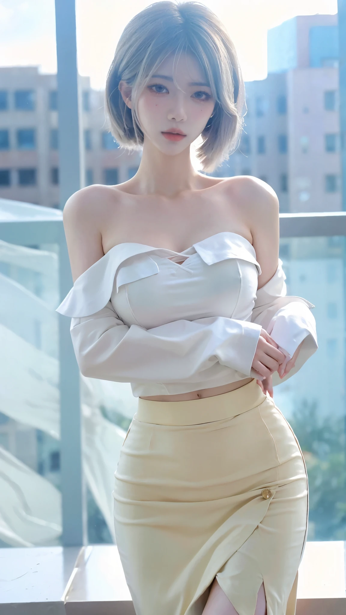 Beautiful woman with perfect figure:1.4，snow，snow背景，Layered Hairstyle，White skin，Prominent cleavage，Pleated Skirt，whole body，Very delicate face and skin texture，Double eyelids，Skin Whitening，Long white hair