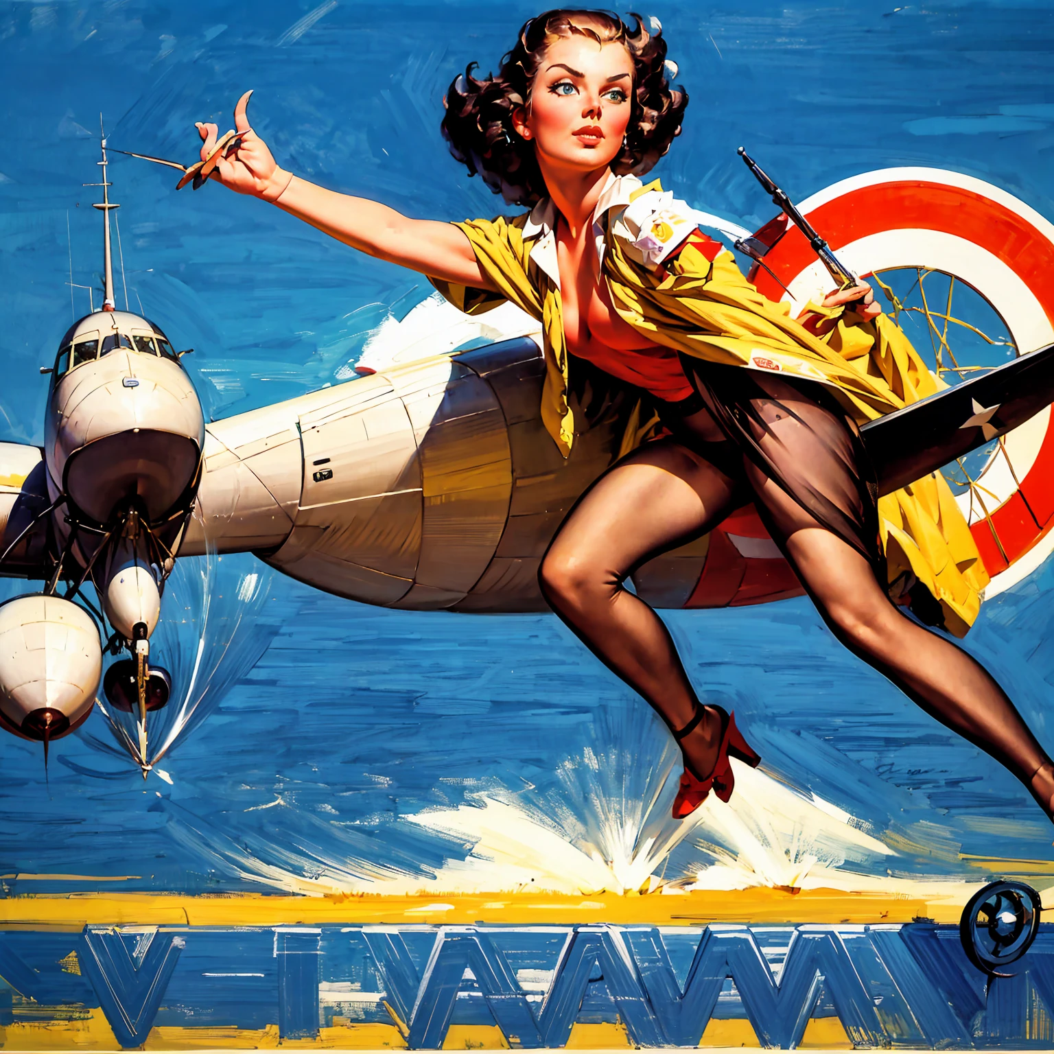 An exquisite masterpiece by the artist Arwen., capturing captivating Photography from the 1940s/1950s. A seductive pin-up adorns the fuselage of a World War II fighter plane, Its ethereal beauty contrasts with the grim realities of war. She strikes a seductive pose, his elegant form accentuated by his tight suit. This illustration is part of an Air Force war photo shoot., highlighting the role of the charming airplane painter elf in the bomber. Set against the iconic backdrop of Pearl Harbor, Hawai, the image combines elements of Photography, posters and 3d rendering, creating an impressive, cinematographic effect., poster, Photography, 3d rendering, cinematographic.