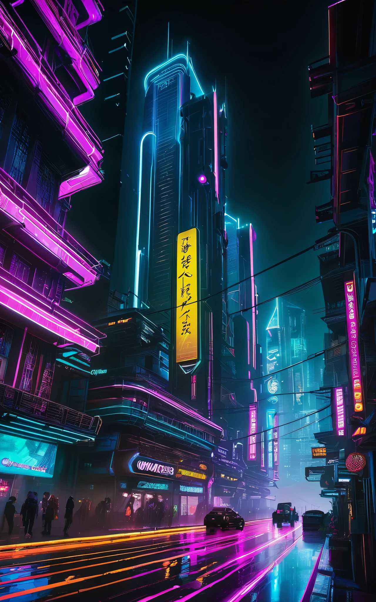 art by mooncryptowow, In the neon-lit streets of a cyberpunk night city, a mesmerizing display of futuristic architecture and dazzling lights creates an electrifying and immersive atmosphere. The dynamic structure is evident as the cityscape interacts with the vibrant cyberpunk elements, resulting in a visually captivating and evocative scene that embodies the ... essence of a technologically advanced and visually stunning environment.
