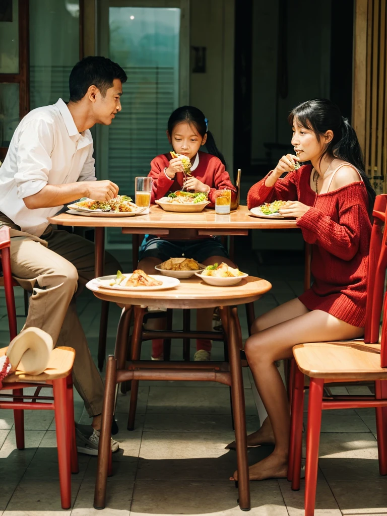 Family, 3 people sad and eating a meal together, an empty chair. Asia, realistic hand, face