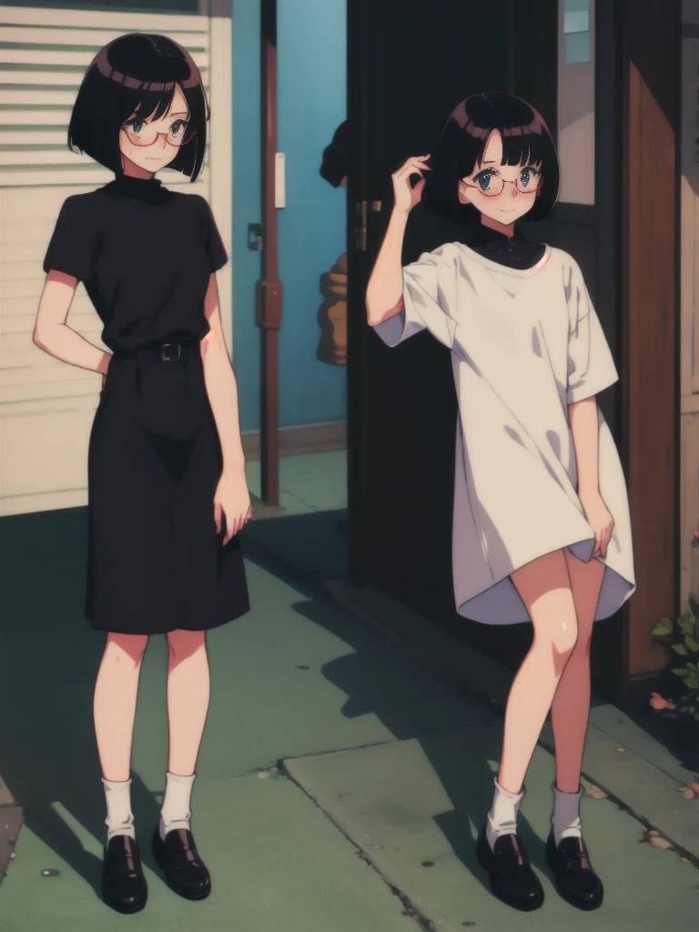 bob cut, black hair, rimless eyewear, full body, 2girl, Embarrassed, ova