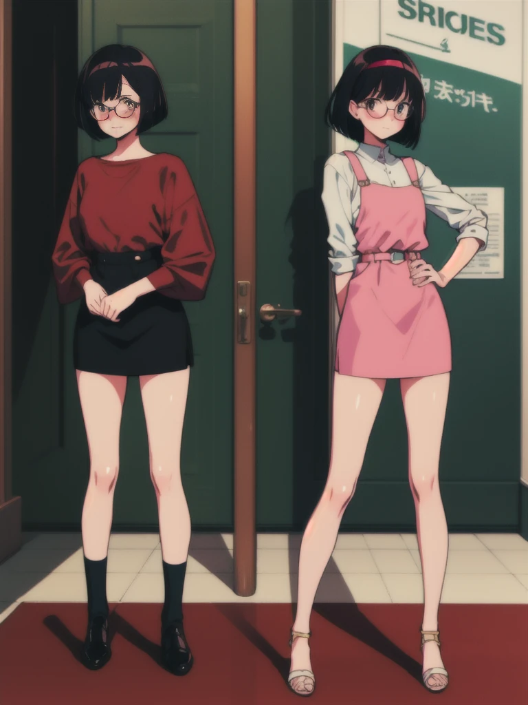 bob cut, black hair, rimless eyewear, full body, 2girl, Embarrassed, ova