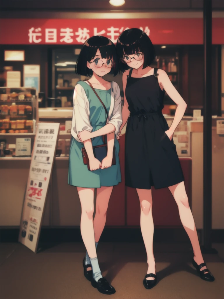 bob cut, black hair, rimless eyewear, full body, 2girl, Embarrassed, ova