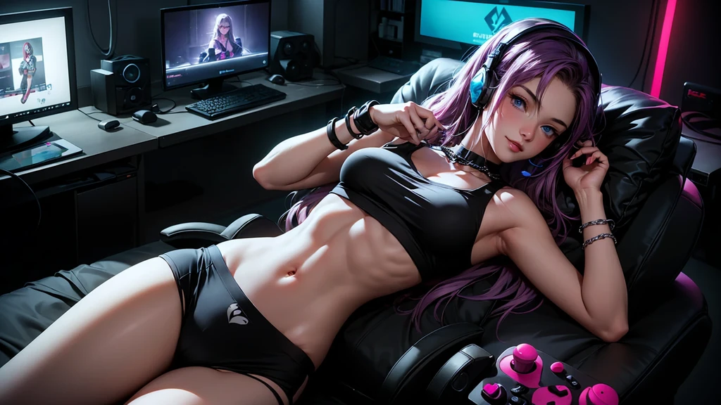 Create a top-quality image of an 18-year-old girl with a heart tattoo on her right shoulder. She has long purple hair and blue eyes, wearing a super short black crop top and just panties, highlighting her slender figure and best bust of 85. The girl is laying on her stomach, peacefully asleep with a gentle smile. She is adorned with chain accessories, a black wristband, and gaming headphones. The background features a neon-colored room with a gaming PC, gaming desk, gaming chair, and gaming bed, complete with a gaming console. The image should exhibit high-quality visual artistry, with intricate details
