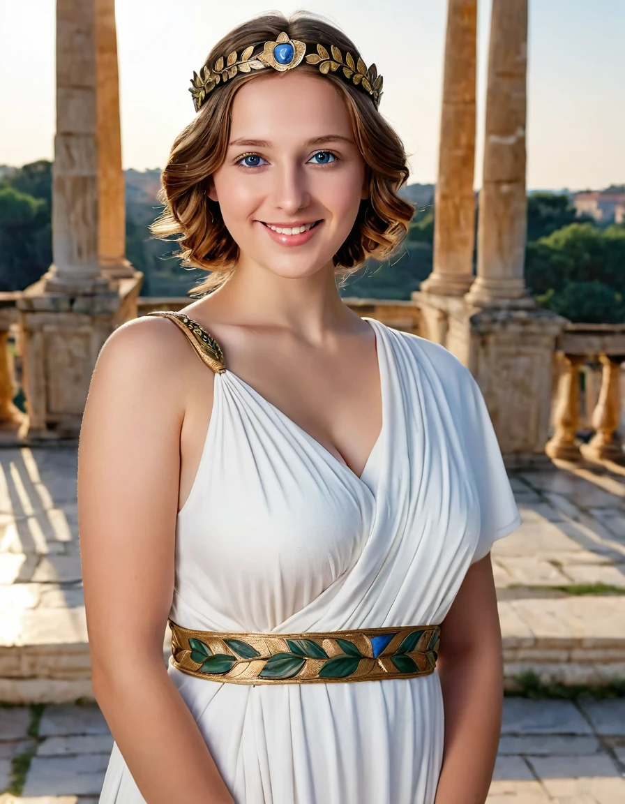 Close up , looking at camera , 1 century, Empire of Roman girl, 1 girl is 26 age old, (Light brown hair, middle hair , wince, brown eyes, beautiful lip, olive leaf tiara, Roman jewel, smile), (big breasts, slender whist, wide hip) ,(wearing White an ancient Roman imperial  ionic tunic), (Blue Toga,  one-shoulder robe:1.3), sandal, in Palace, in Roman, standing pose, sunset, textured skin , Hi-detailed skin, (4 fingers and 1 thumb), (foreshortening, Canon, UHD, anatomically correct, super detail, high details, highness,